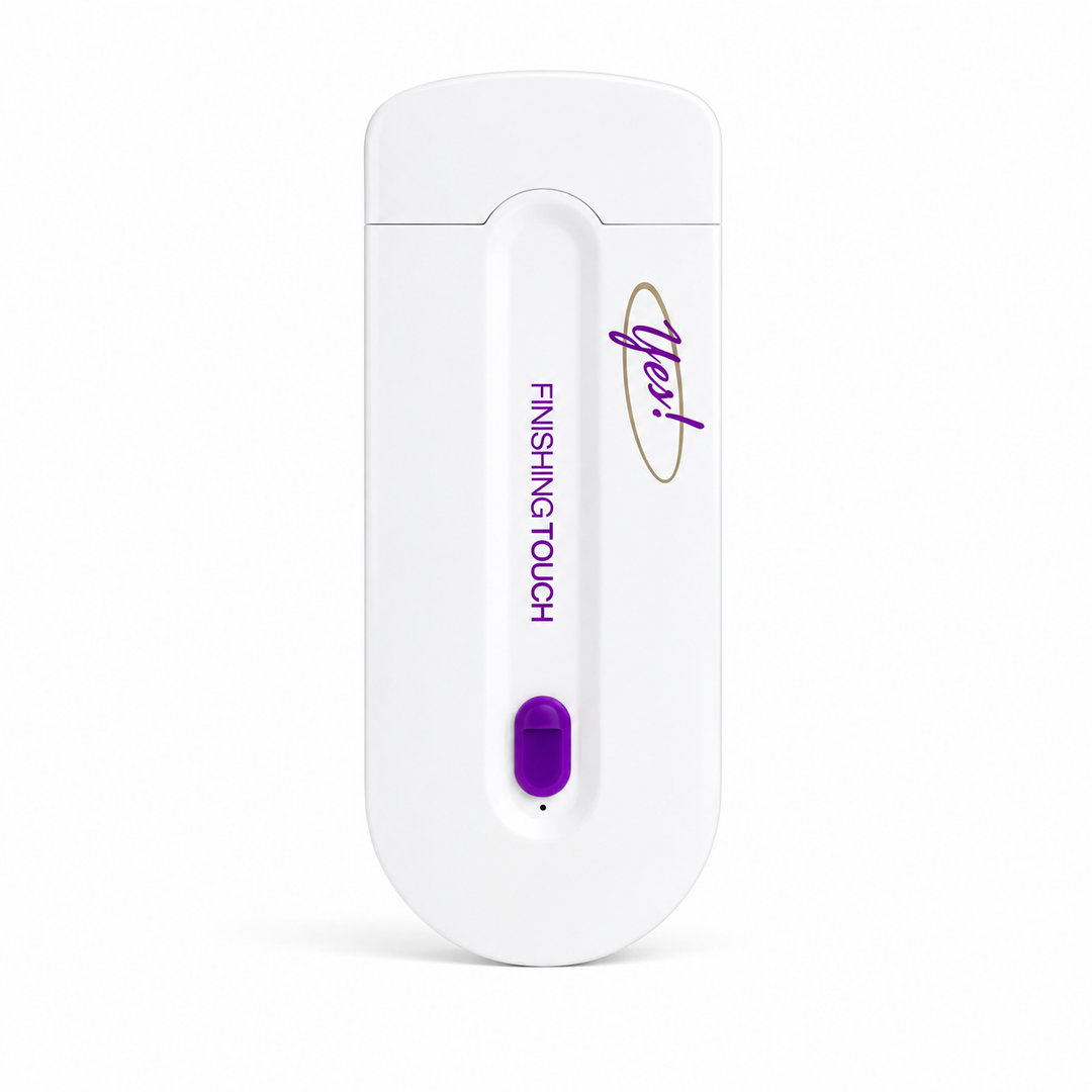 White capped electric hair remover with purple switch and Finishing Touch branding