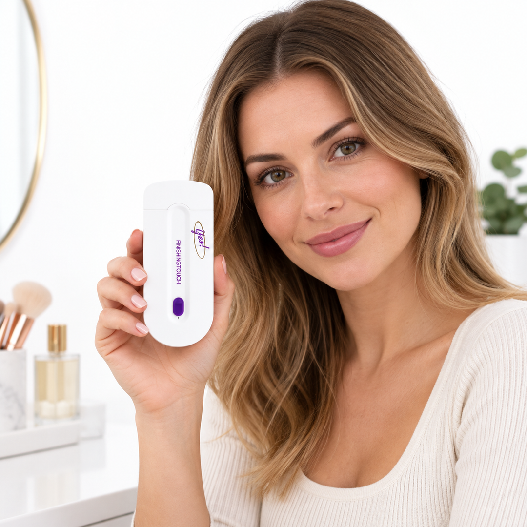 Woman holding a white and purple grooming device near a white vanity