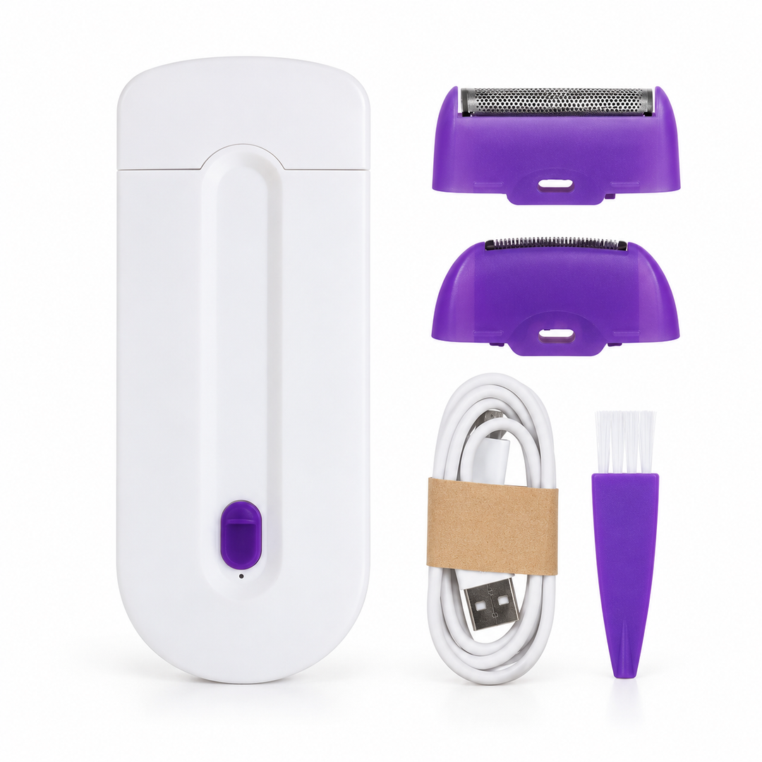 White device with two purple heads, a coiled USB cable and cleaning brush