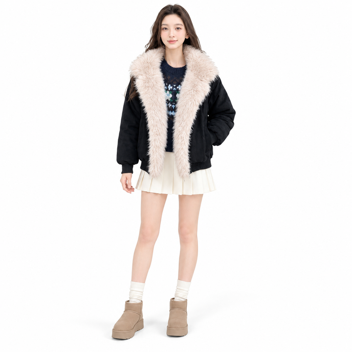 Fleece lined jacket front styling with boots