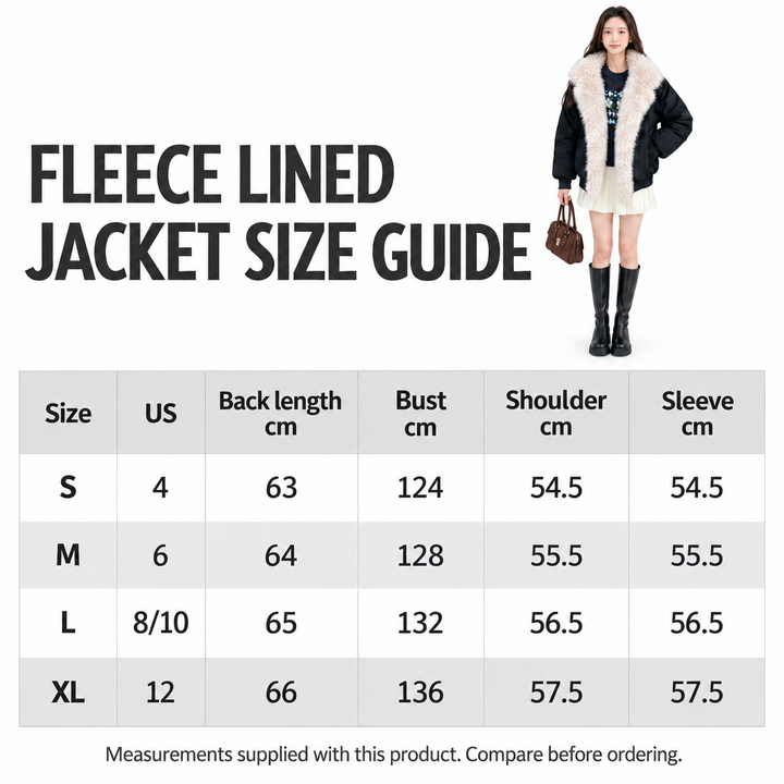 Fleece lined jacket size guide S to XL
