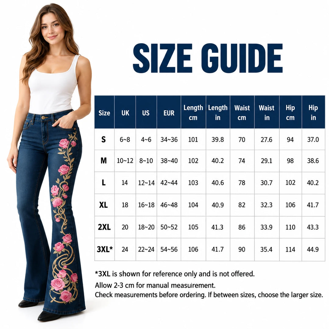 Floral flare jeans size guide with model, cm and inch measurements and regional sizes; 3XL shown for reference only.