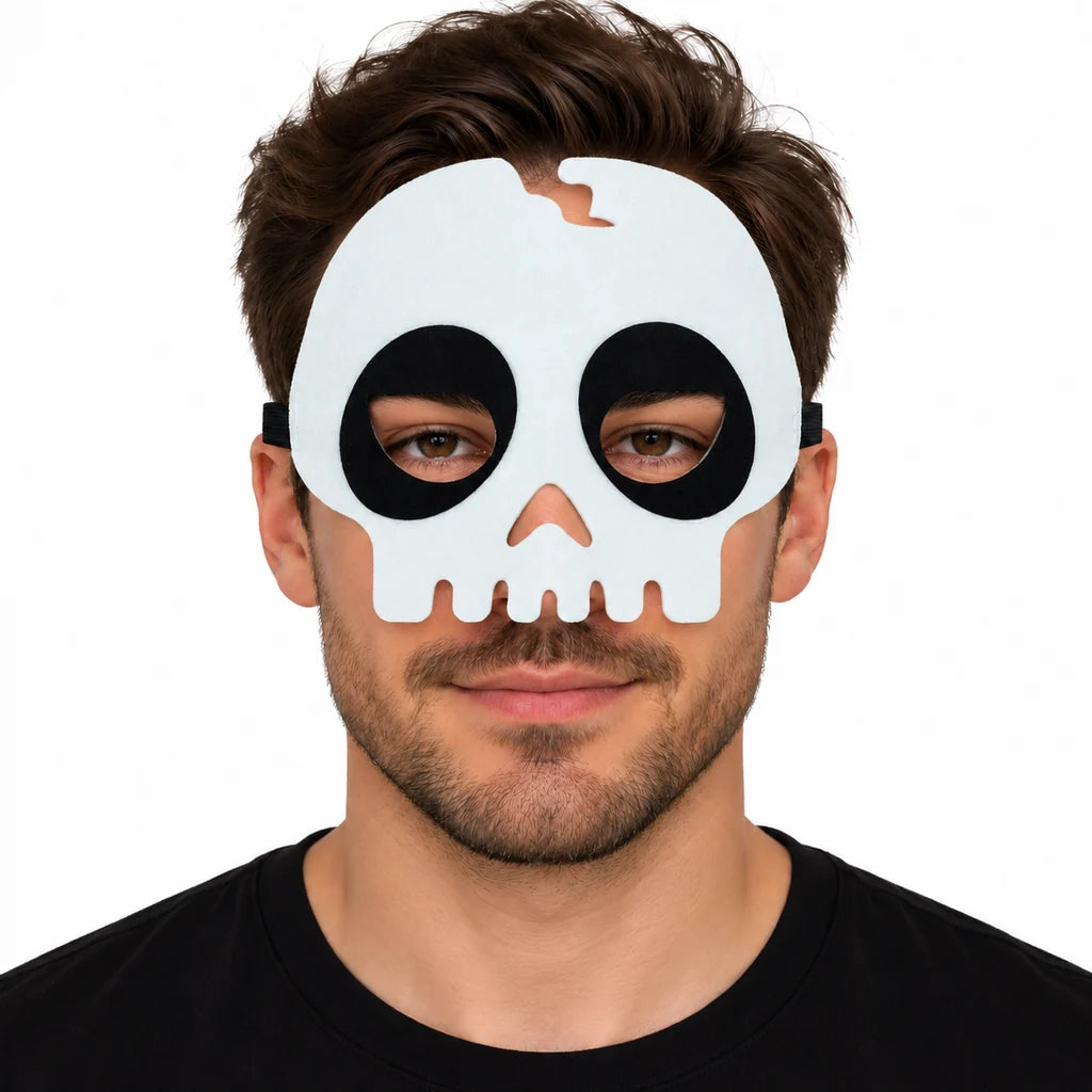 Adult male wearing a white skull costume mask with black eye surrounds and tooth-shaped lower edge against a white background
