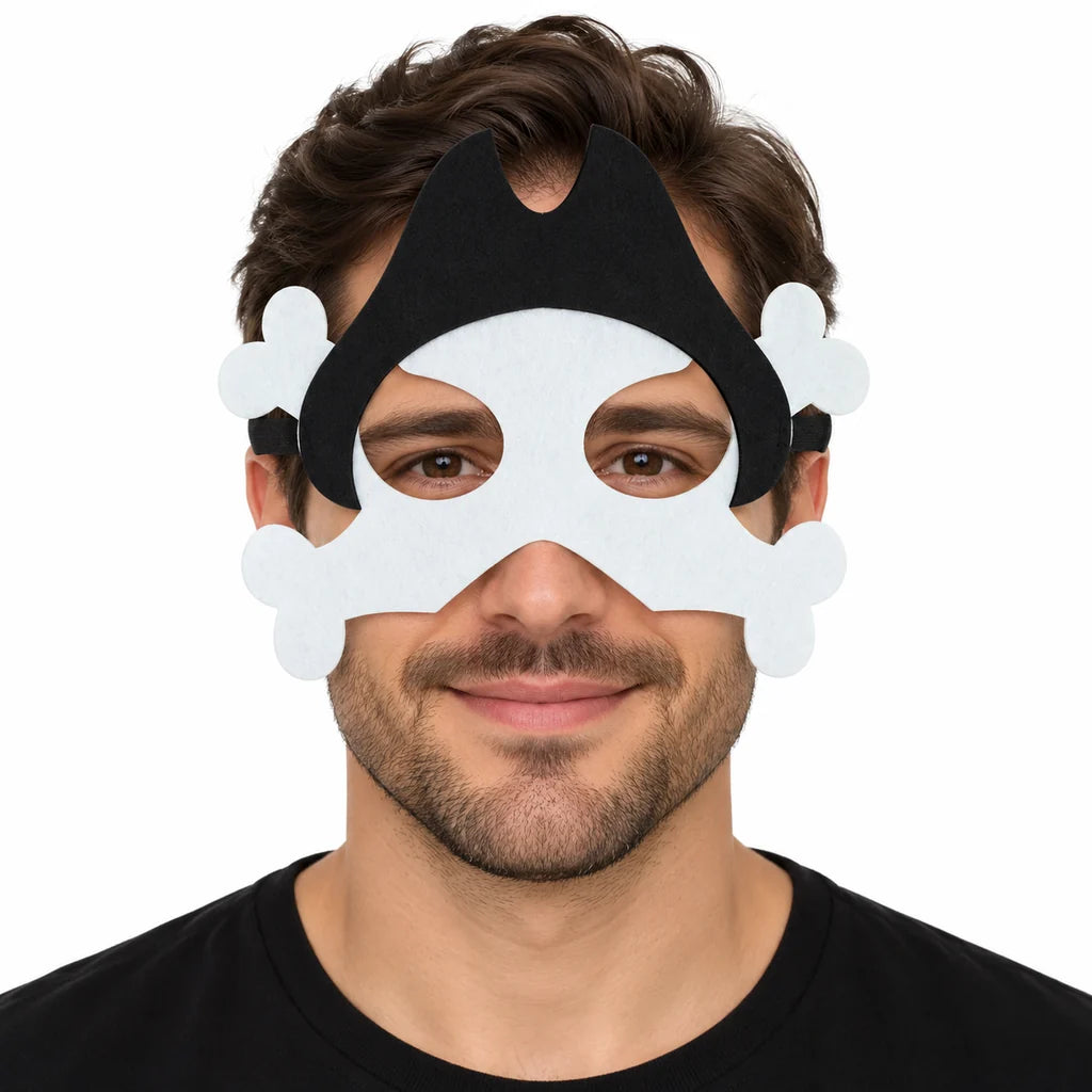 Adult male model wearing a white pirate bones felt mask with black hat silhouette and crossbones on a white studio background