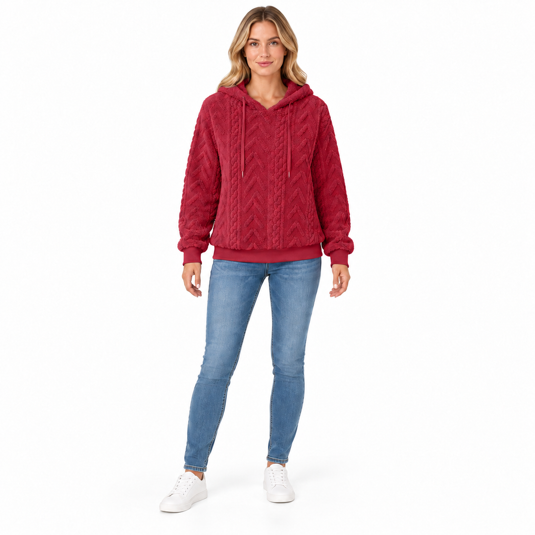 Red hoodie on a model, shown from the front against a white background. The textured fabric is visible in this product image.