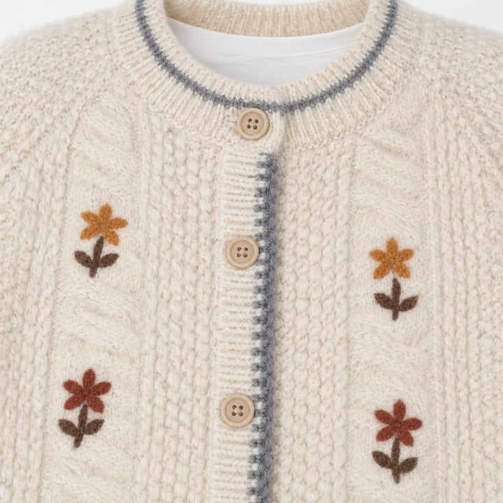 Close-up of the ivory cardigan round neckline and beige button placket, with gray edging and front texture and floral detail.