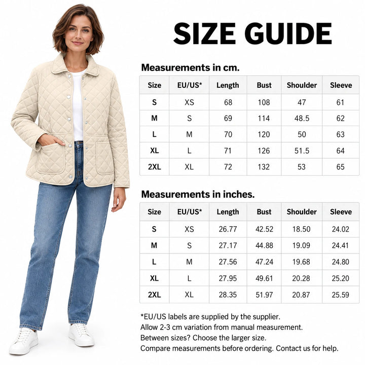 Jacket size guide with an Apricot jacket model and supplier tables for S to 2XL in both cm and inches including EU/US labels.