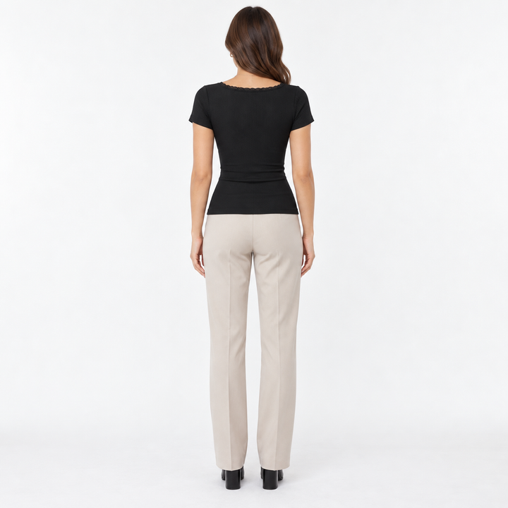 Black ribbed lace-trim short-sleeve top, full-length back view