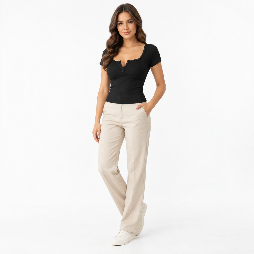 Black ribbed lace-trim button top, full-length three-quarter view
