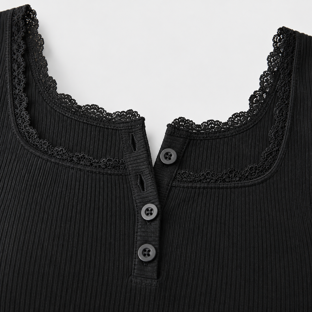 Black lace-edged neckline and three-button placket close-up