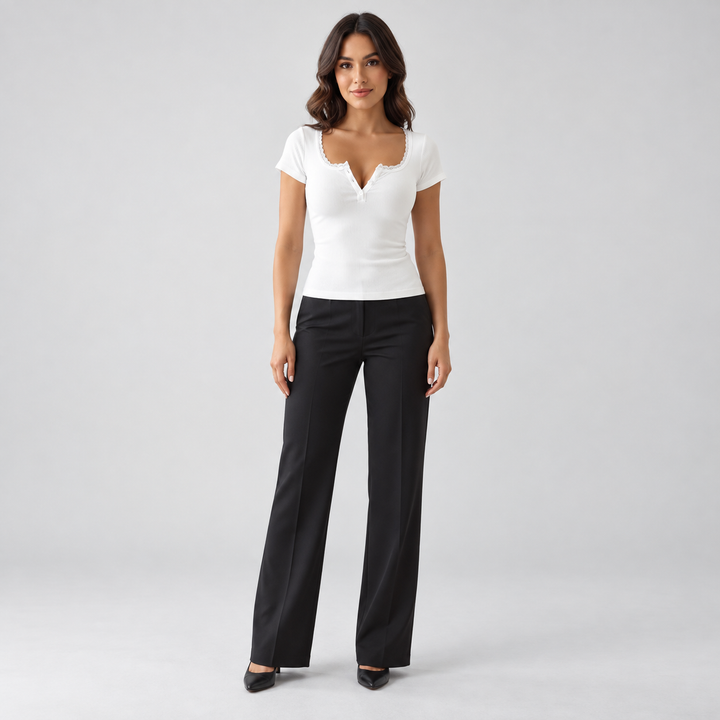 White ribbed lace-trim button top on full-length model