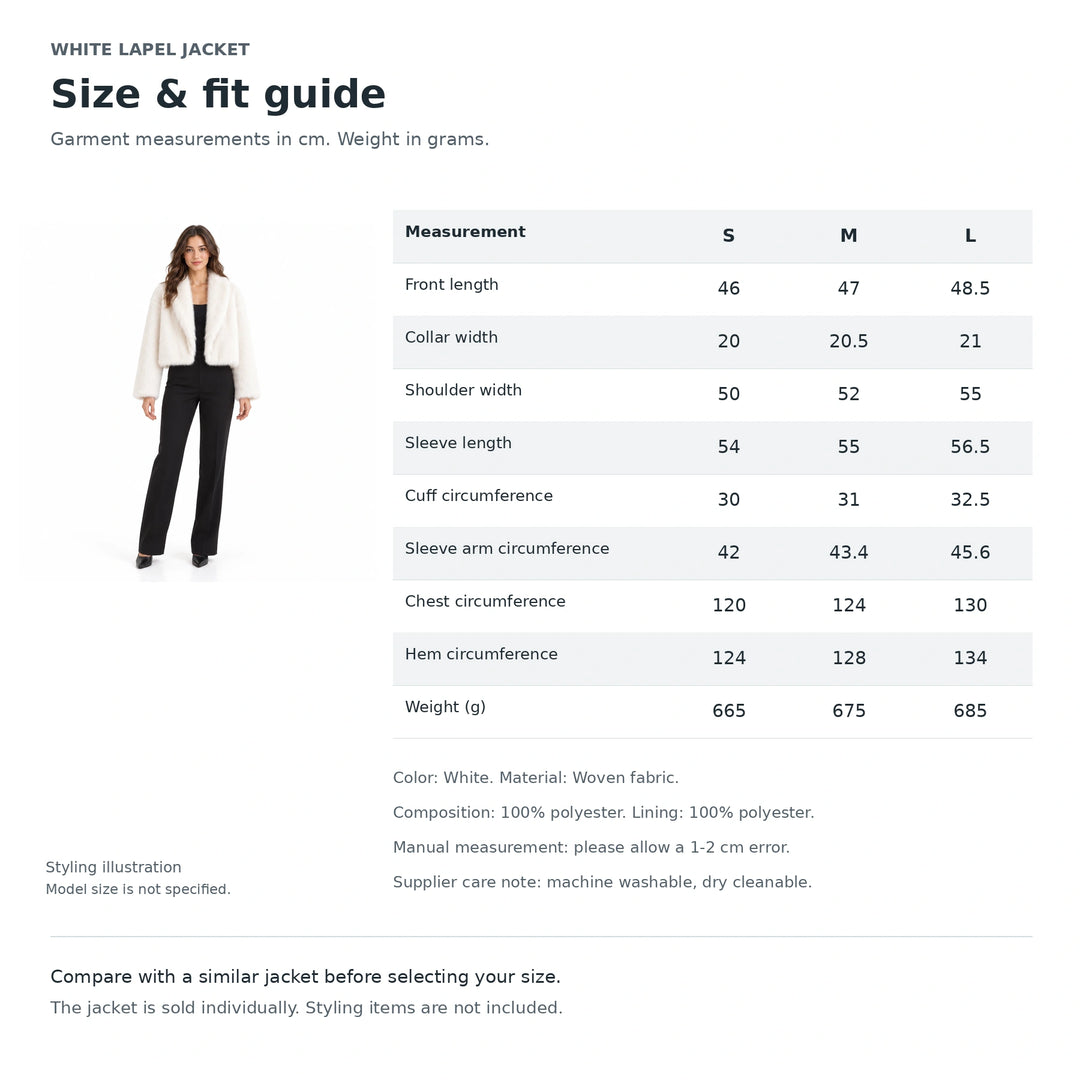 White lapel jacket size chart with model, showing S, M and L garment measurements in centimetres, weights in grams and notes.