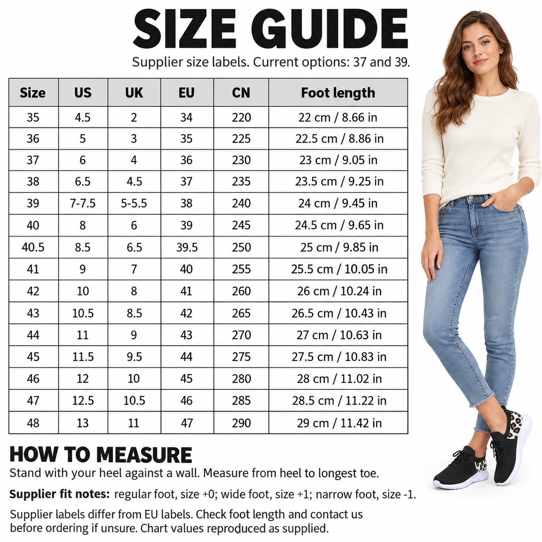 Shoe size guide chart with US, UK, EU, CN and foot length values, beside the model wearing black sneakers with leopard heels.
