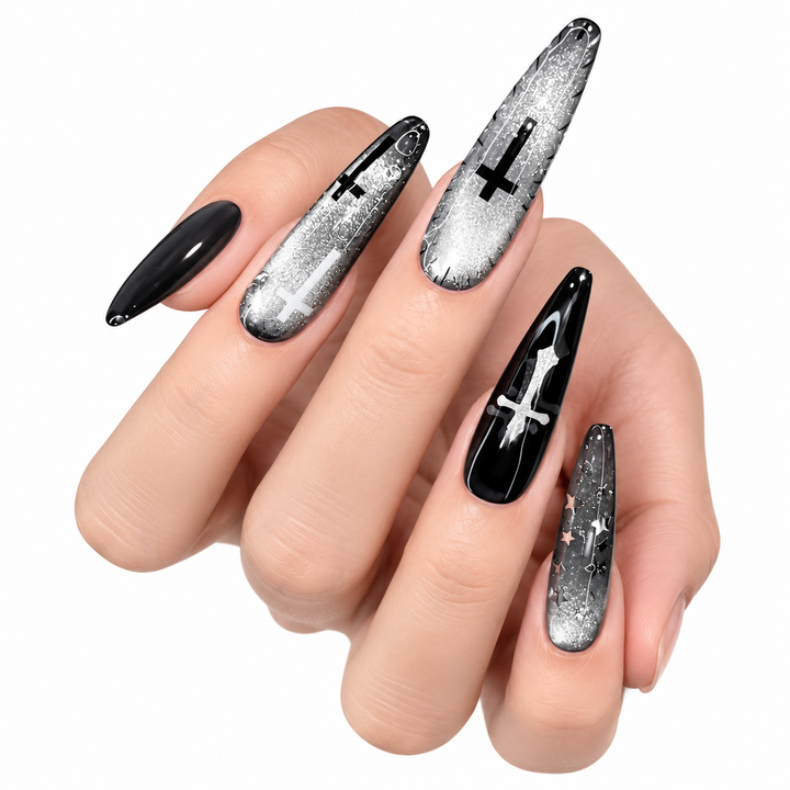 Long press on nails silver nail detail