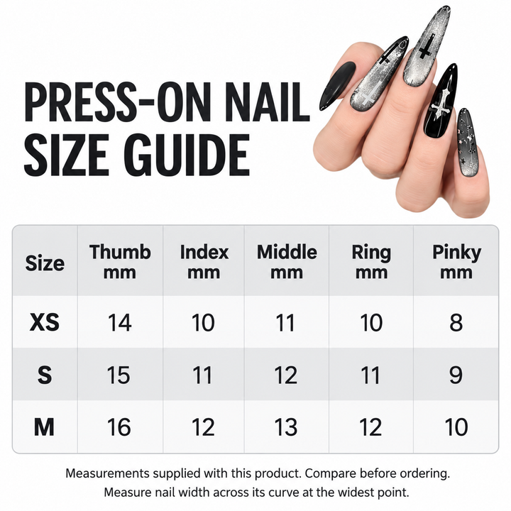 Long press on nails XS S M nail width size guide