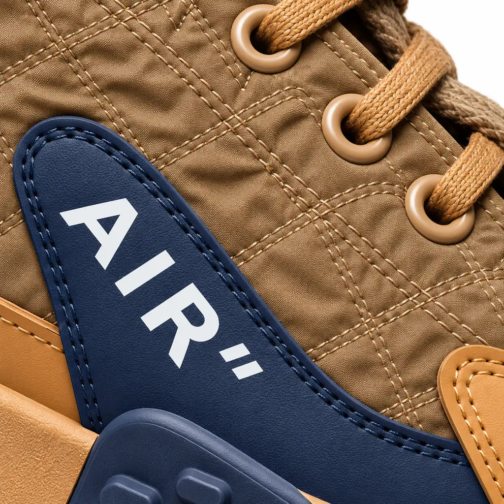 Brown and Navy sneaker showing patterned upper panels, stitching, laces and the AIR side detailing against a white background
