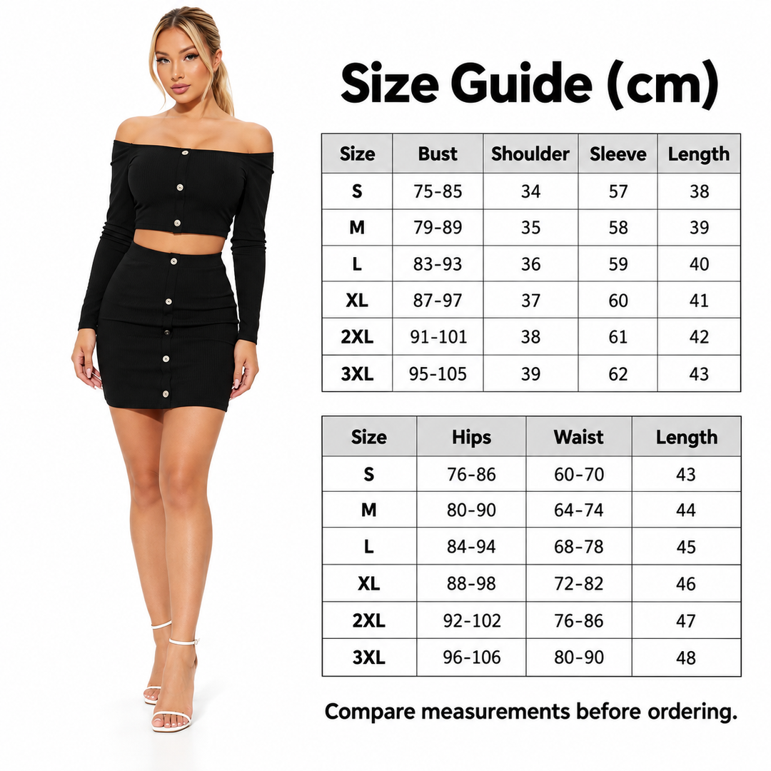Top and skirt size chart in centimeters for S to 3XL, with model in a black set