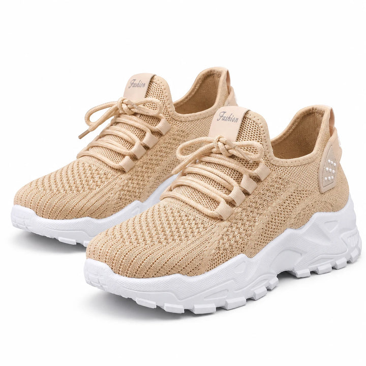 Khaki knit-textured lace-up sneakers, alternate front view on a white studio background