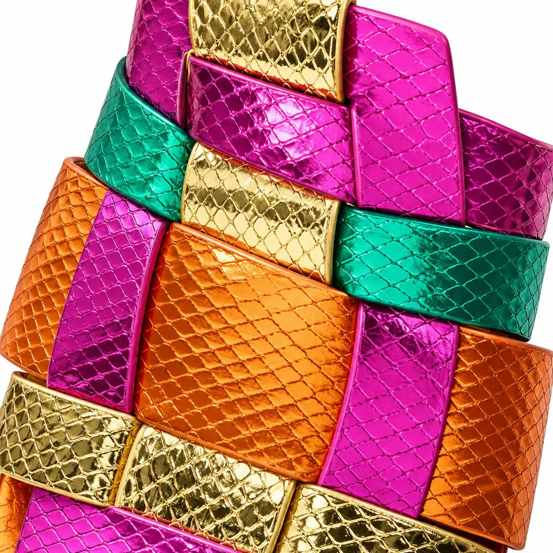 Close-up of multicolor metallic woven straps and their embossed texture