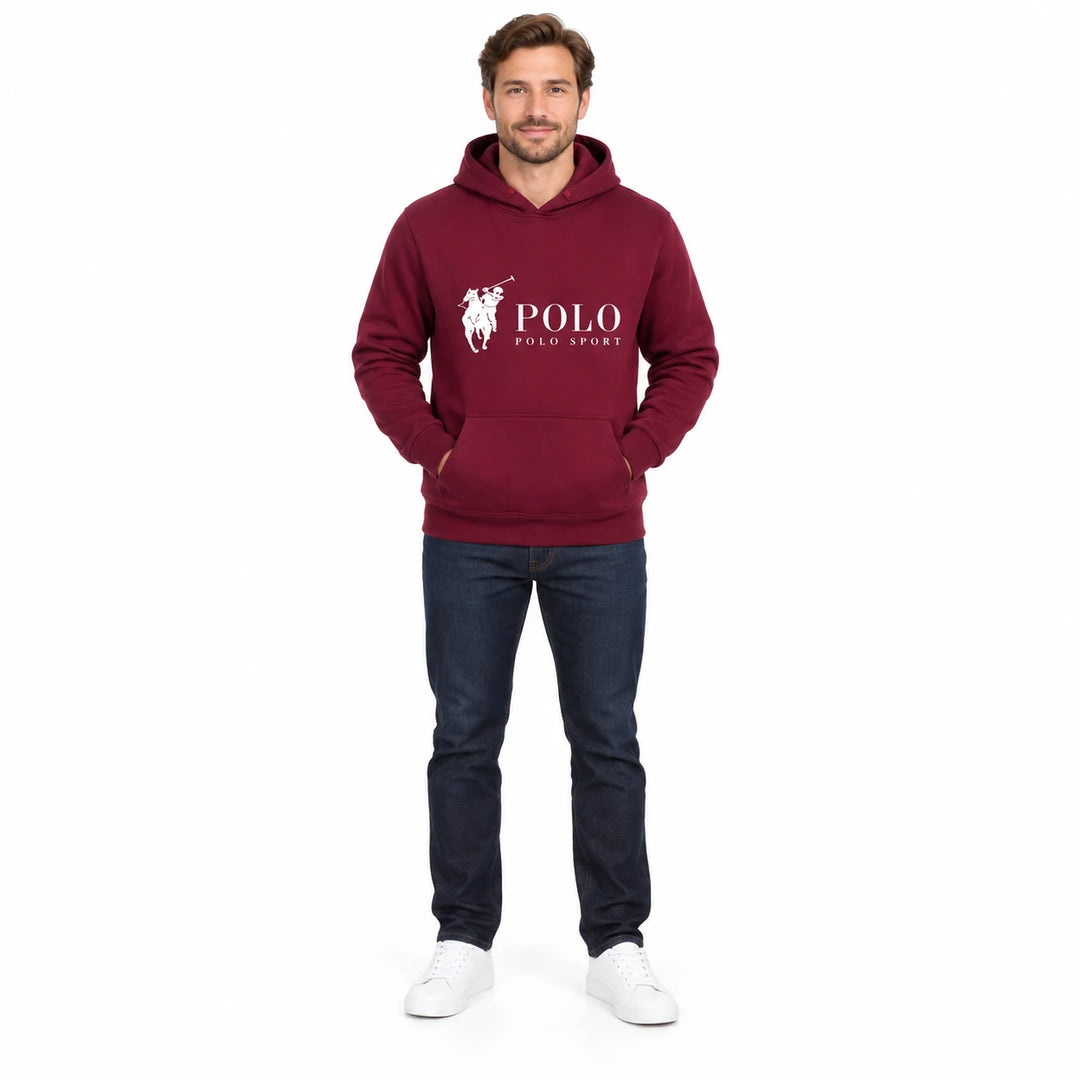 Full-length male model wearing a Burgundy graphic hoodie with a front pouch on a white studio background