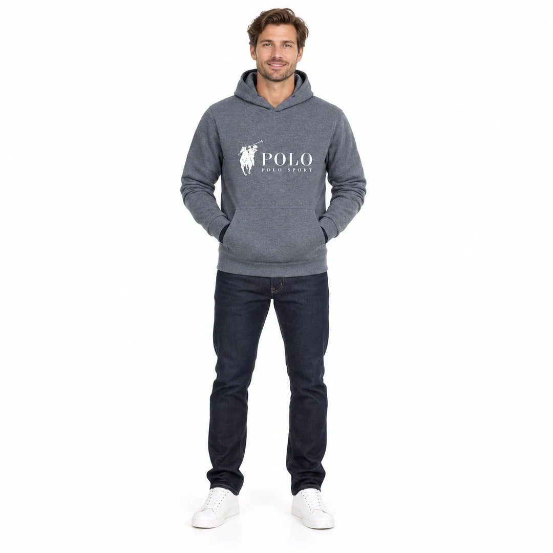 Full-length male model wearing a Charcoal graphic hoodie with a front pouch on a white studio background