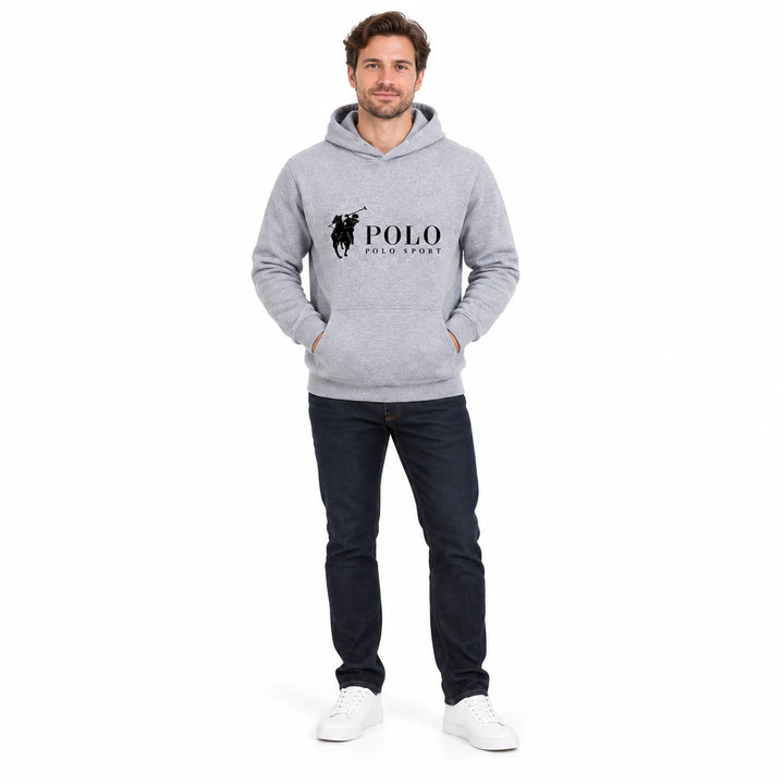 Full-length male model wearing a Gray graphic hoodie with a front pouch on a white studio background