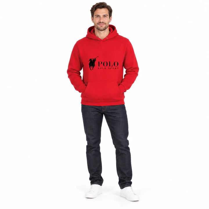 Full-length male model wearing a Red graphic hoodie with a front pouch on a white studio background