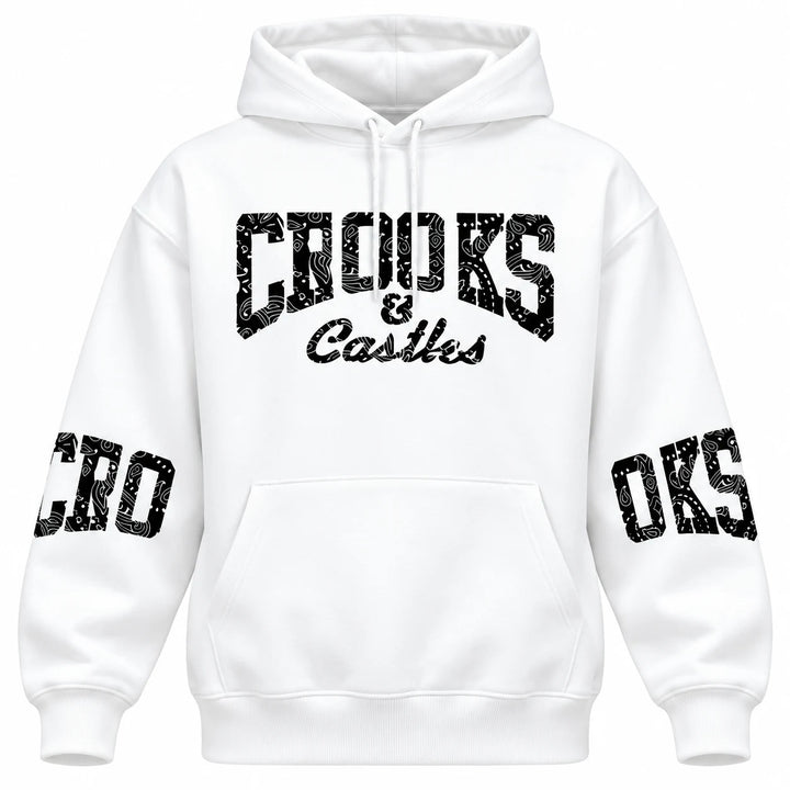 Graphic pullover hoodie in White, shown from the front on a white background