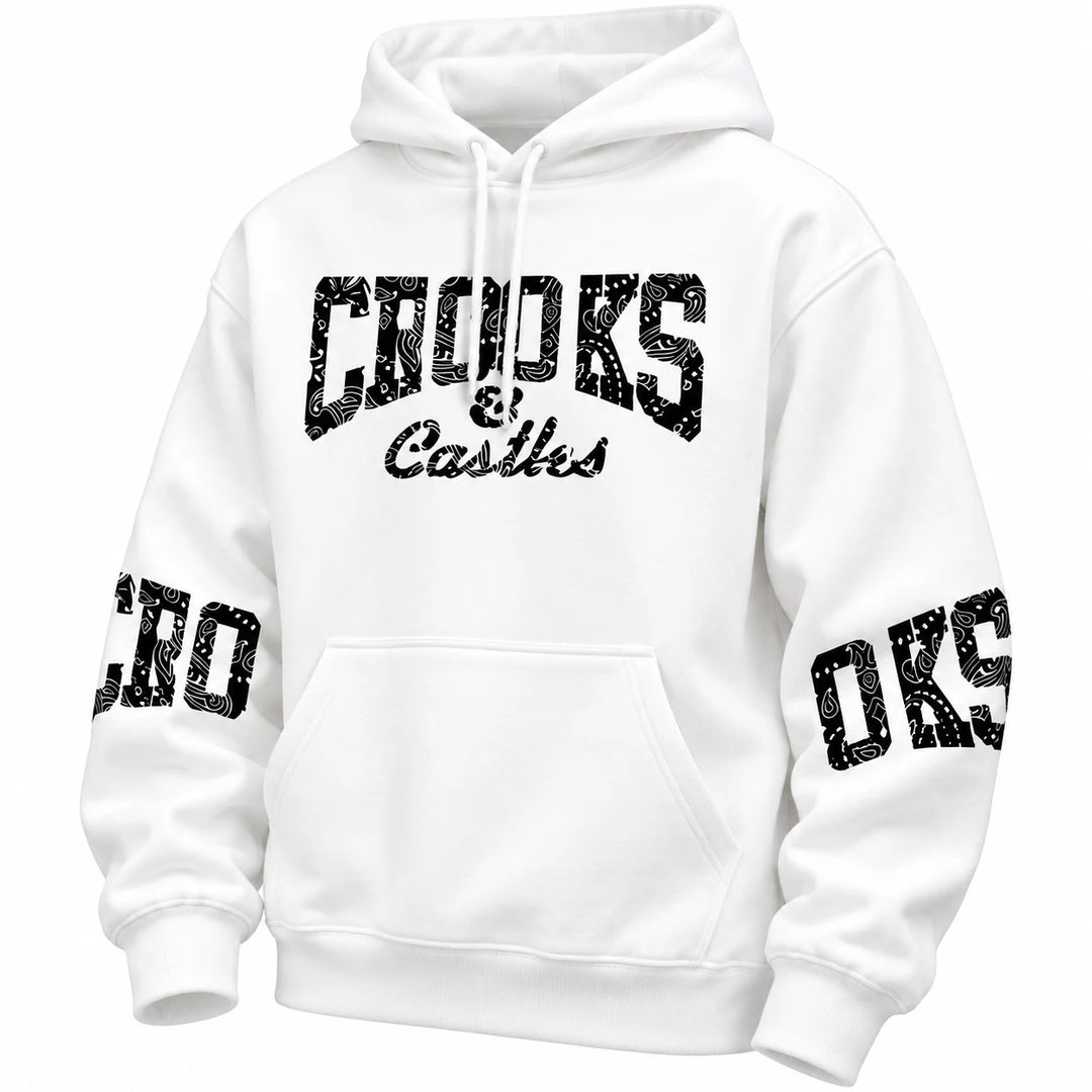 White hoodie with chest and sleeve lettering, alternate front view on a white studio background