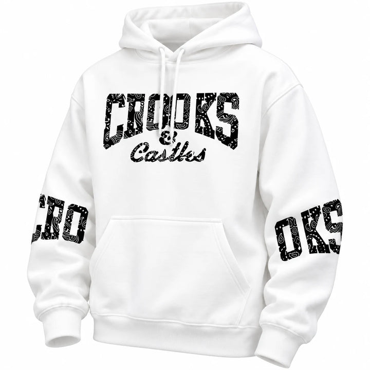 White hoodie with chest and sleeve lettering, alternate front view on a white studio background