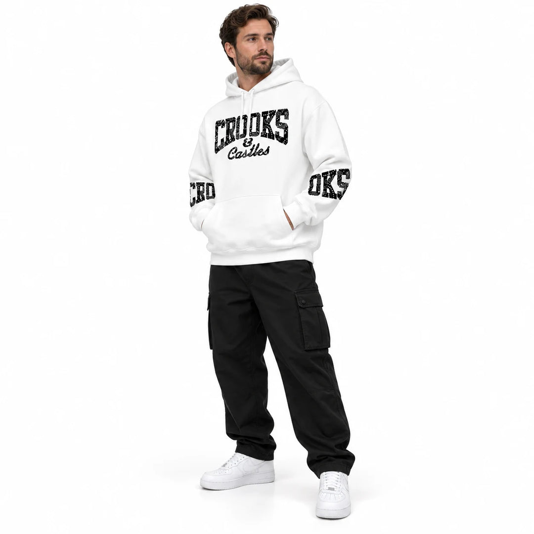 White hoodie with chest and sleeve lettering worn by an adult model, three-quarter view on a white background