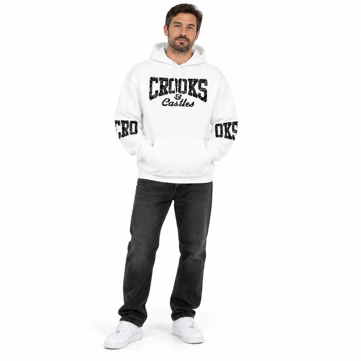White hoodie with chest and sleeve lettering worn by an adult model, second-model full-length view on a white background
