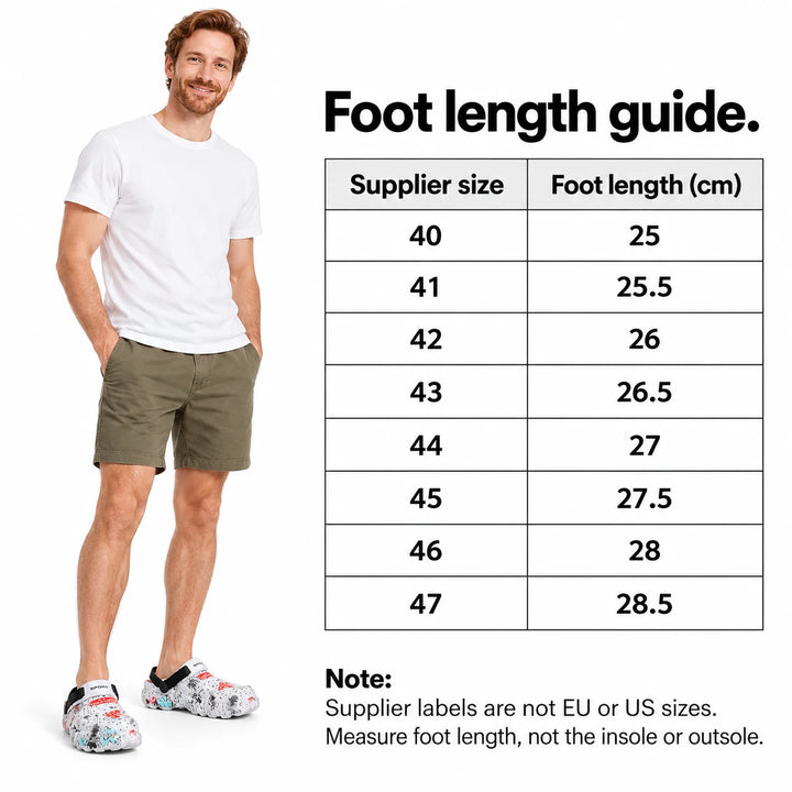 English supplier size chart beside a full-length adult model wearing the white graffiti platform clogs