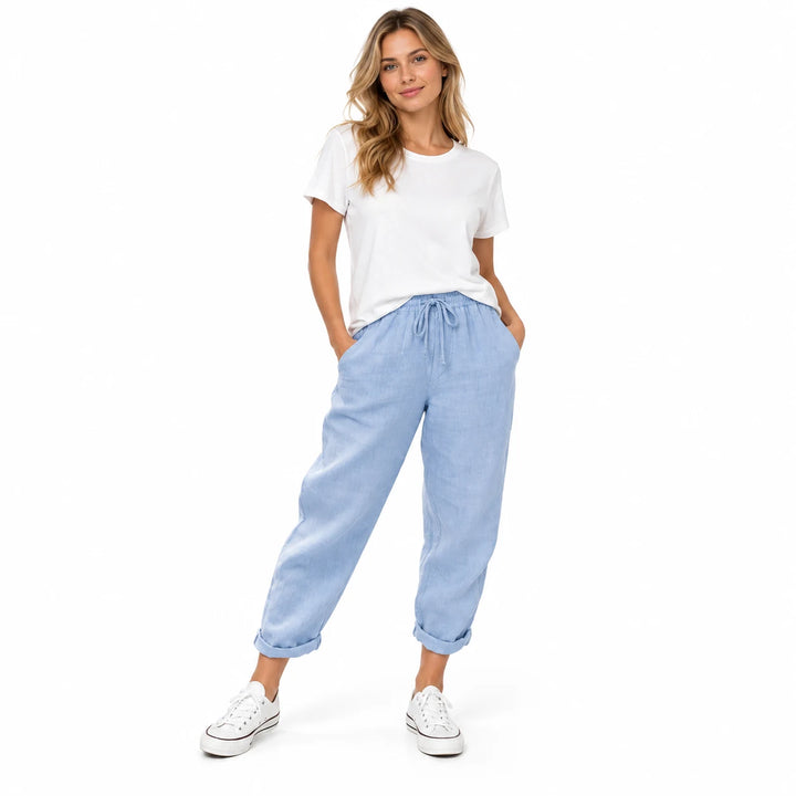 Sky Blue drawstring ankle pants worn by an adult woman, showing the ankle length and drawstring, on a plain white background.