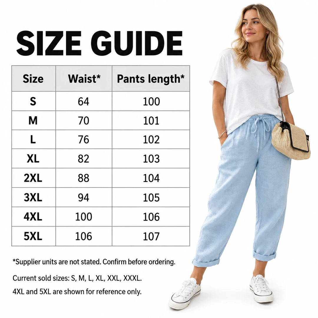English size guide beside a model, listing waist and pants length with supplier units unconfirmed, in a white studio setting.