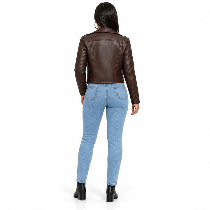 Chocolate Brown moto jacket in a rear view on a full-body model, showing the back panel seams, long sleeves and short hemline