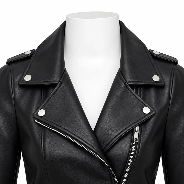 Black jacket collar detail on a white mannequin showing notched lapels, silver-tone snaps, shoulder tabs and diagonal zipper.