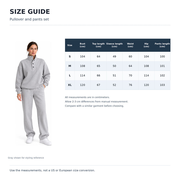 Size chart for the pullover pants set, showing S to XL centimeter measurements beside an adult model wearing the gray outfit.