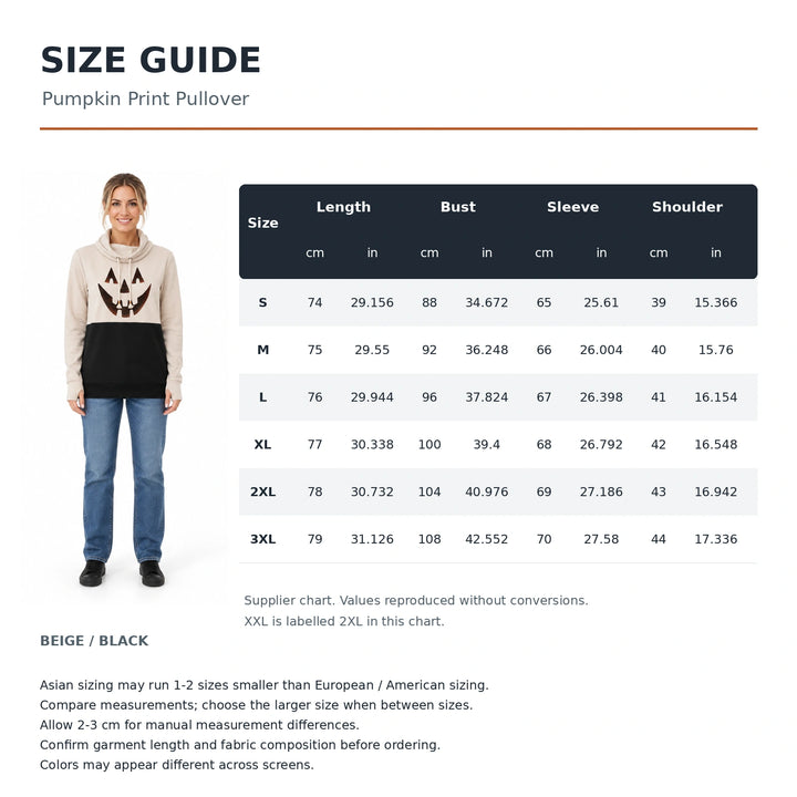 Supplier chart beside a model in beige, showing length, bust, sleeve and shoulder measurements in cm and inches for S to 3XL.