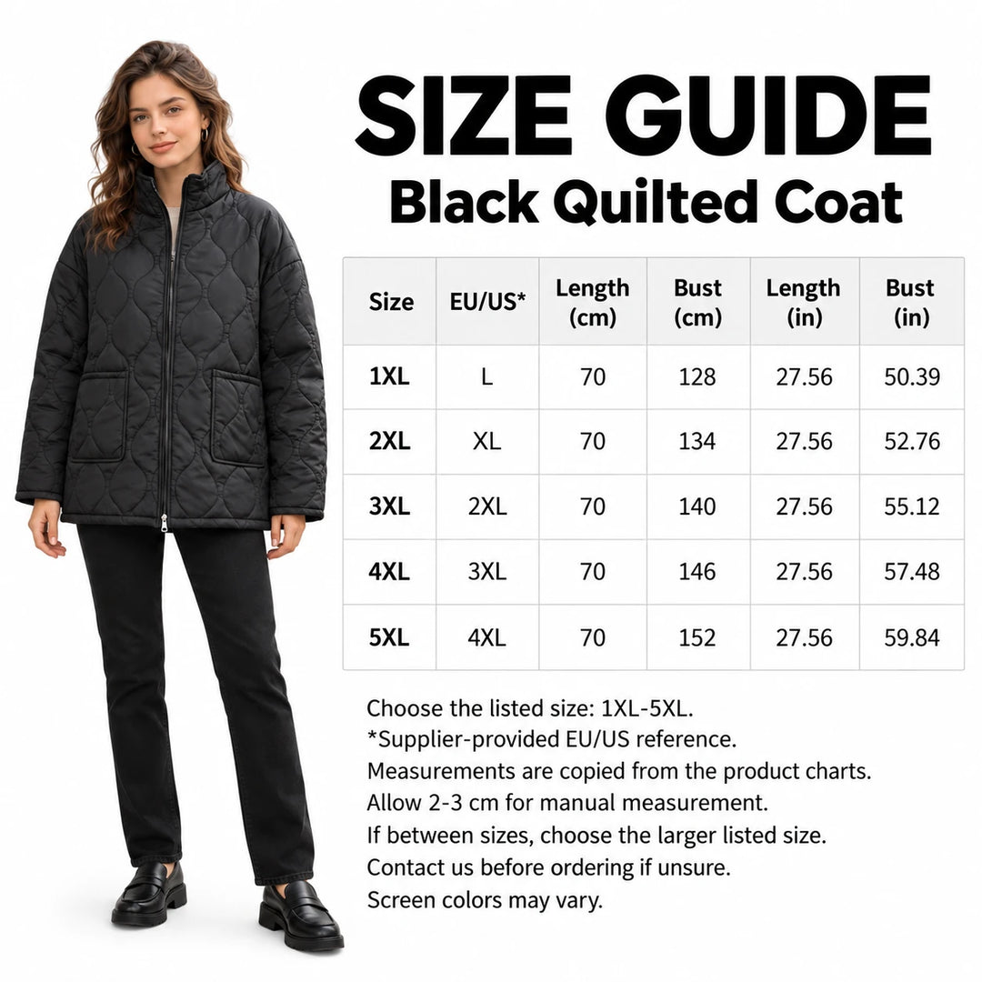 Size guide with model for a black quilted coat in sizes 1XL to 5XL showing length and bust in centimeters and inches by size.