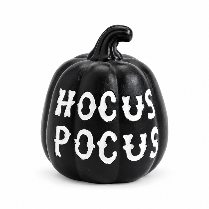 Black resin pumpkin ornament with white HOCUS POCUS lettering and curved stem, shown fully on a pure white studio background.