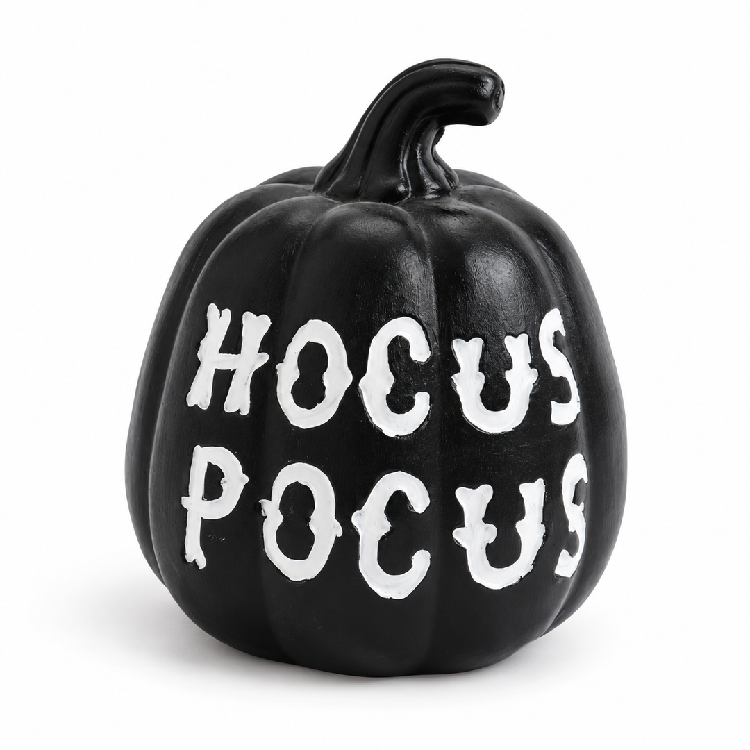 Black HOCUS POCUS pumpkin in a near-front studio photo, showing the curved stem and molded grooves on a plain white backdrop.