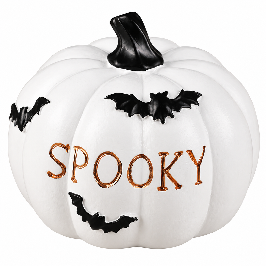 White SPOOKY pumpkin details showing gold lettering, black bat motifs and molded grooves, photographed on a white background.