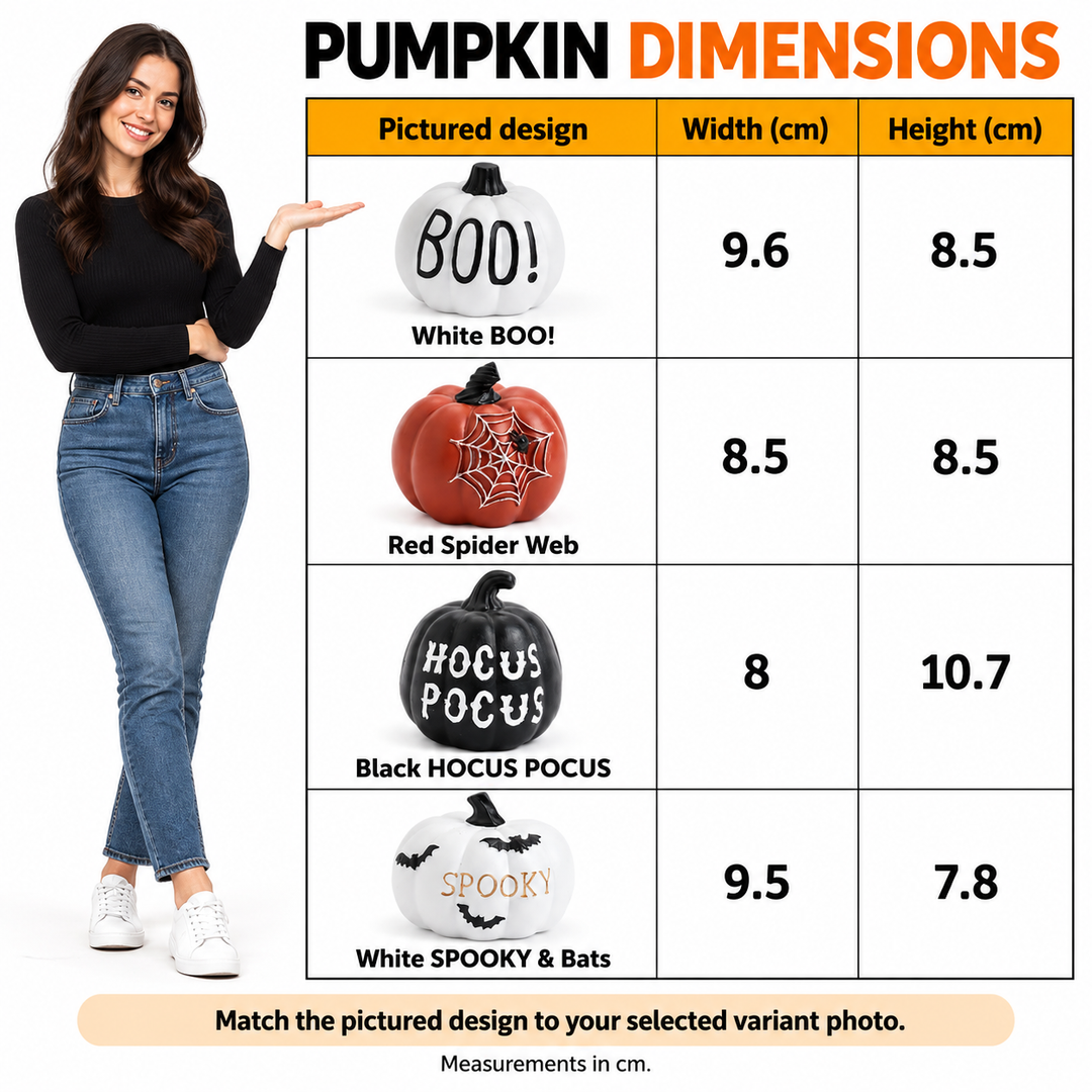 English pumpkin dimension chart showing four pictured models, their widths and heights in cm, beside a full-body adult model.