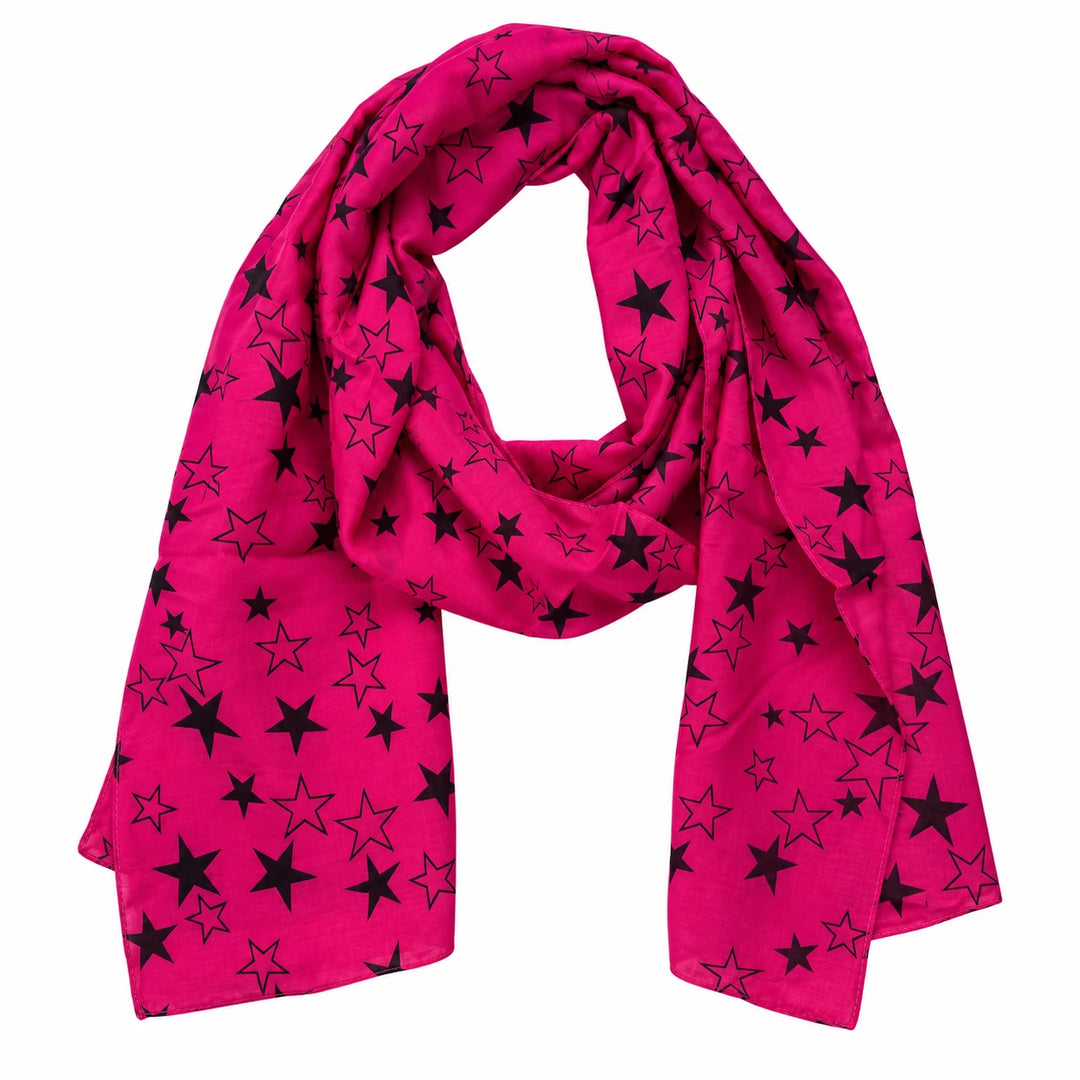 Fuchsia voile scarf draped with both ends visible, showing solid and outlined black stars, against a white studio background.