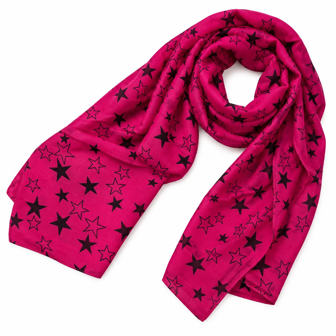 Fuchsia voile scarf draped with both ends visible, showing solid and outlined black stars, against a white studio background.