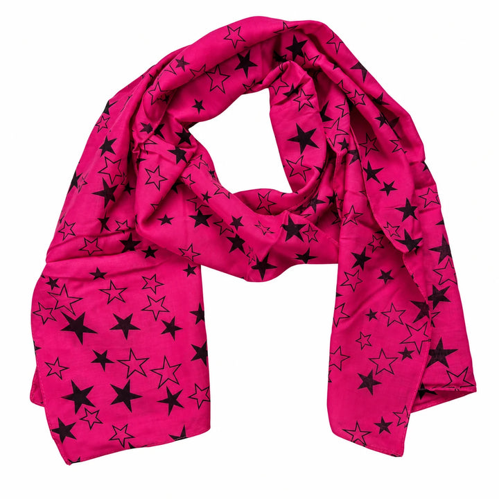 Fuchsia voile scarf draped with both ends visible, showing solid and outlined black stars, against a white studio background.