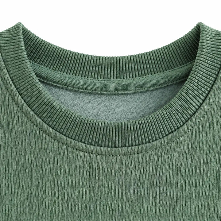 Close-up of the olive green sweatshirt crew neckline, showing ribbed trim, stitching and fleece inside on a white background.