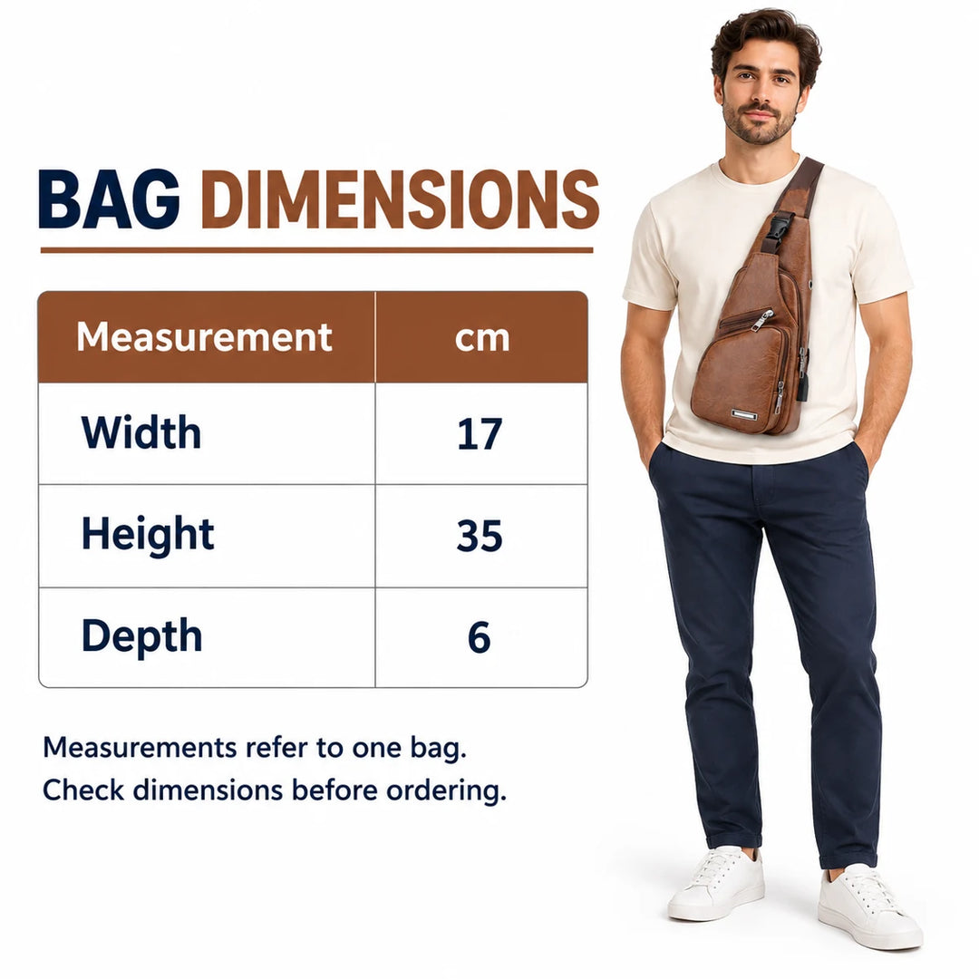 Size chart for one bag: width 17 cm, height 35 cm and depth 6 cm, displayed beside a model wearing the Light Brown sling bag.
