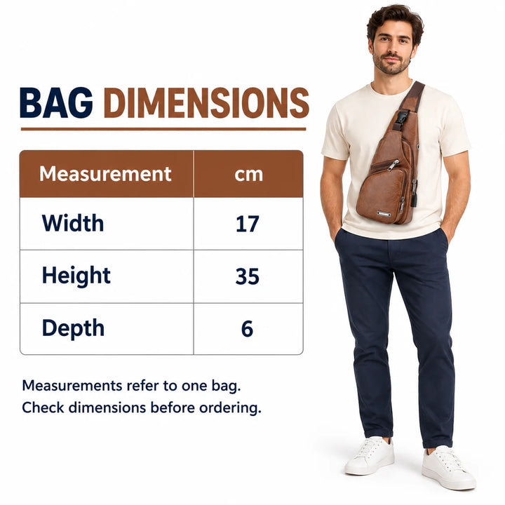 Size chart for one bag: width 17 cm, height 35 cm and depth 6 cm, displayed beside a model wearing the Light Brown sling bag.